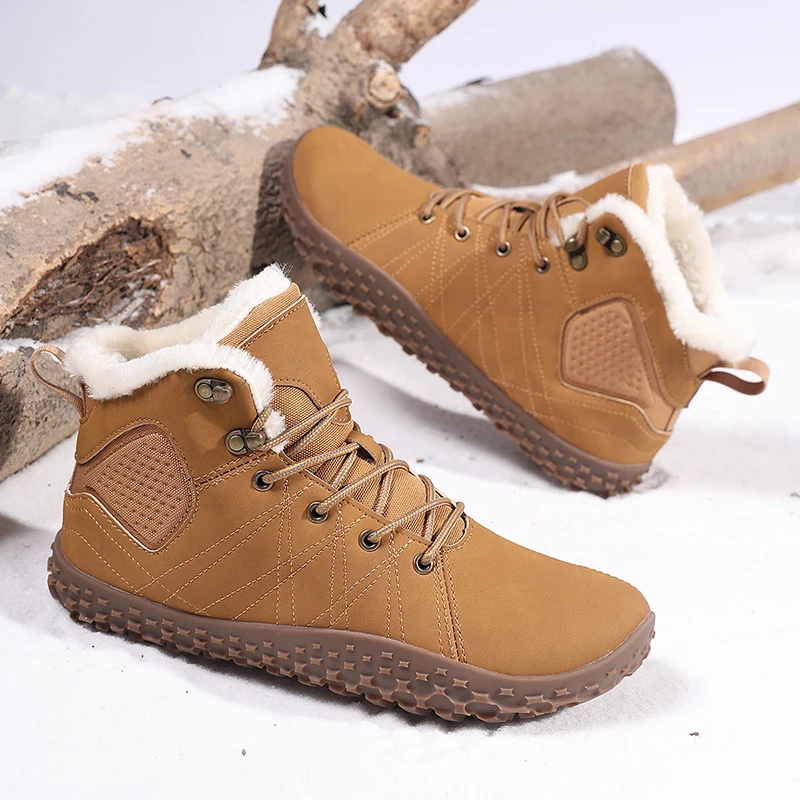 

Unisex Lightweight Fleece Lined Leather Snow Boots with Rubber Sole Outdoor Knot-Tied Couples Booties Warm Cold Weather Footwear