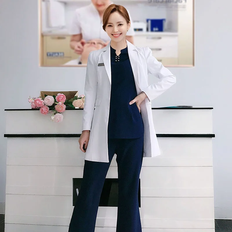 

Long Sleeve White Lab Coat Doctor Uniform Slim Fit Dental Workwear Beauty Medical Apparel Korean Style Polyester Work Suit