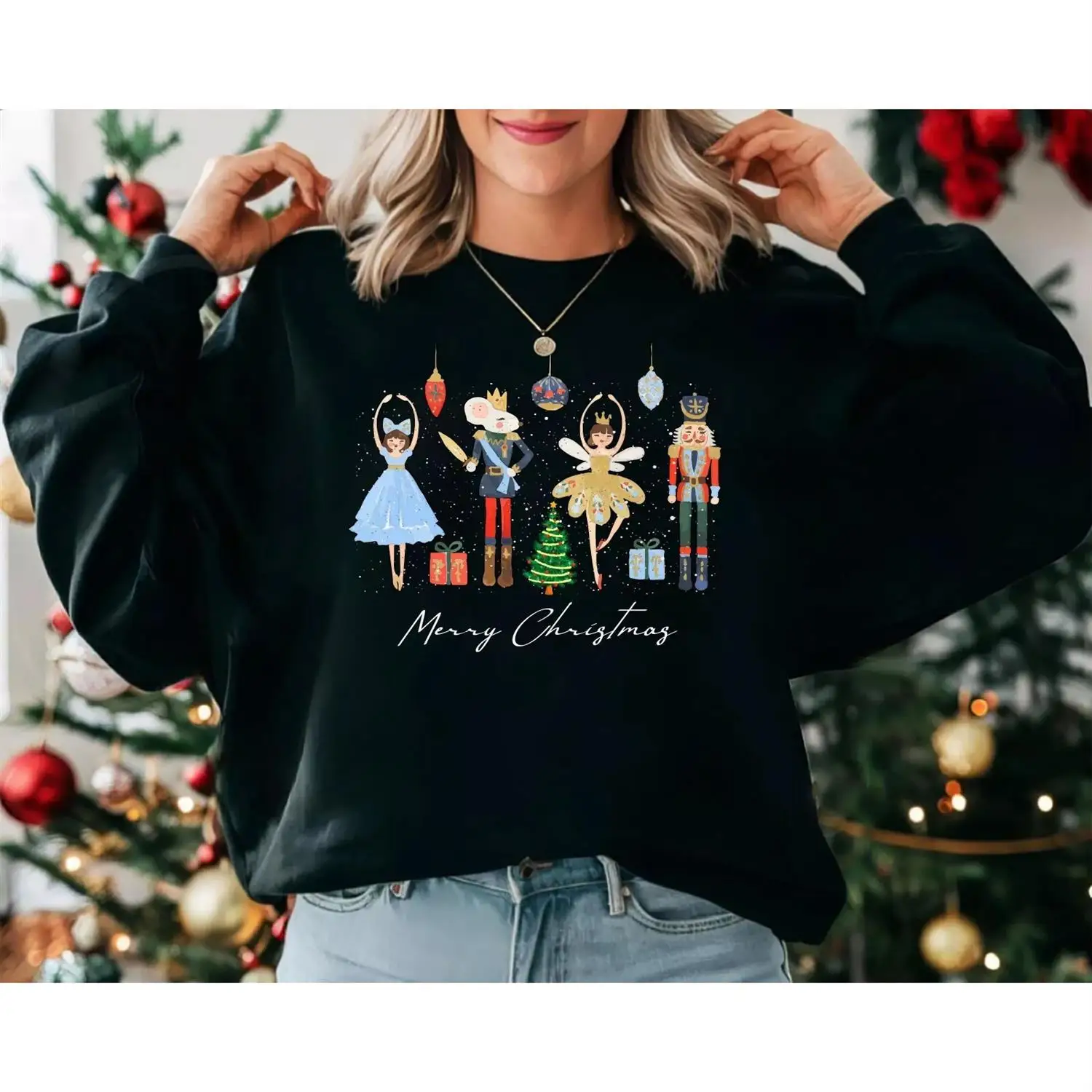 Europese en Amerikaanse kersttop voor dames met ronde hals, kerstserie, walnoot clippatroon, bedrukt, puur katoen met lange mouwen