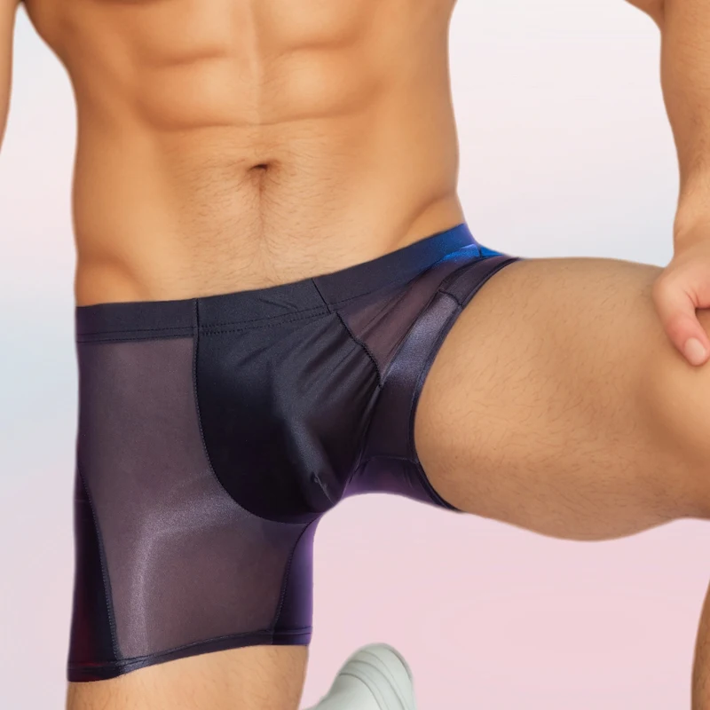 Men\'s Boxers Sexy Oil Glossy Sheer Panties Silky Breathable Summer Underwear Ultra-Thin Transparent Underpants underwear men