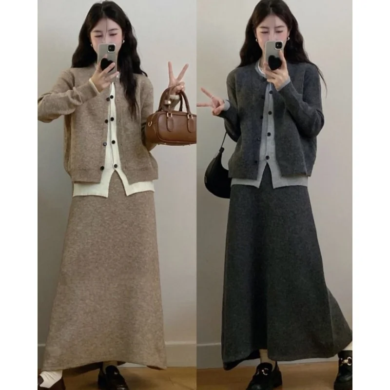 

Женский осенне-зимний повседневный лоскутный свитер, юбки, комплект из двух предметов, женские повседневные вязаные топы с джокером, юбка, наряды 2025, новый трикотаж