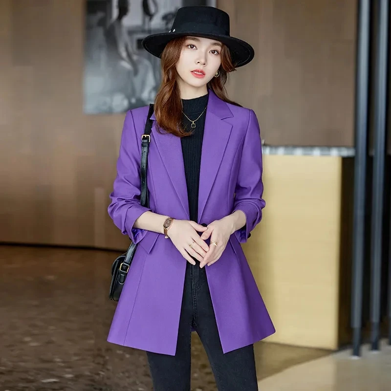 Autumn Winter Ladies Mid Long Blazer Women’s Single Button Black Purple Female Casual Jacket Coat Office Blazer Female Outerwear