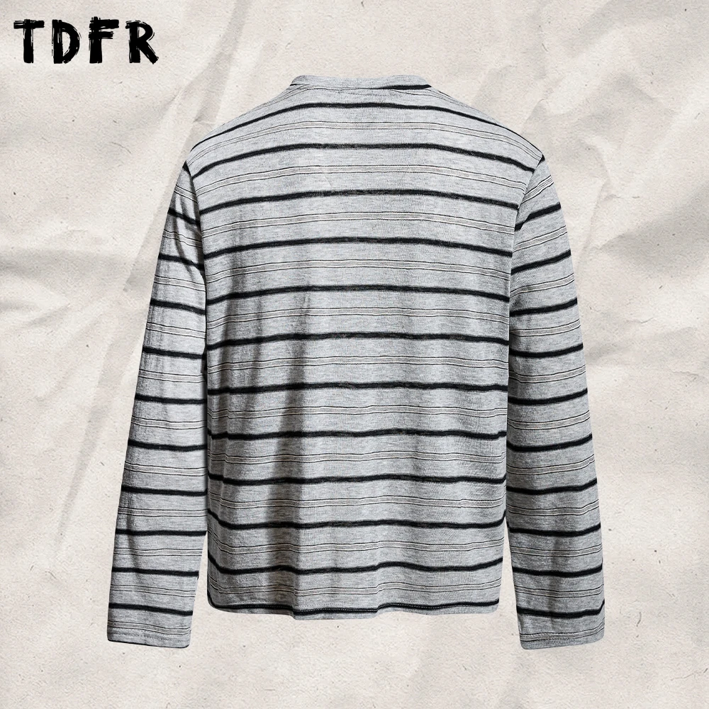 Horizontal Stripes T-shirt Mens Autumn Letter Embroidery Loose Henley Neck Long Sleeve Tee Man