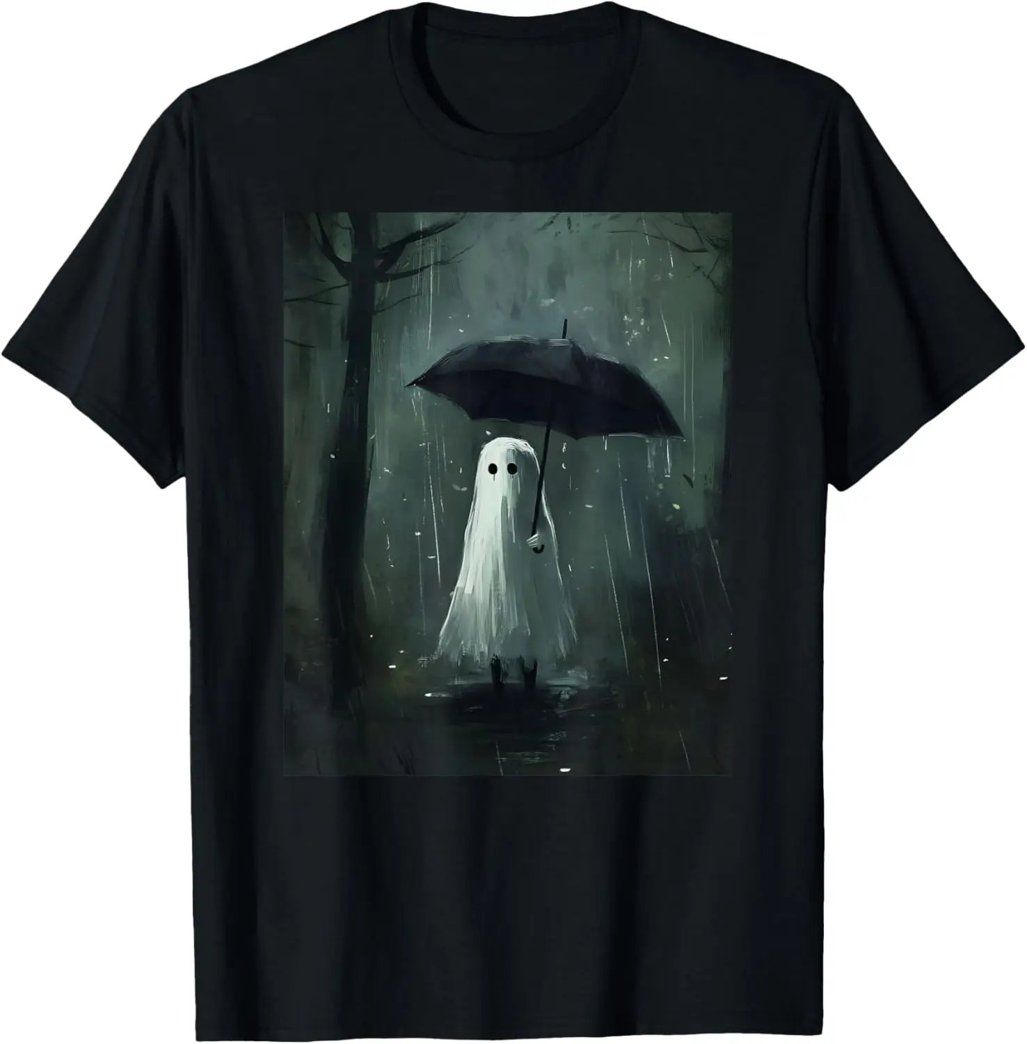 Vintage Halloween Rain Ghost In The Forest Umbrella Gothic T-Shirt