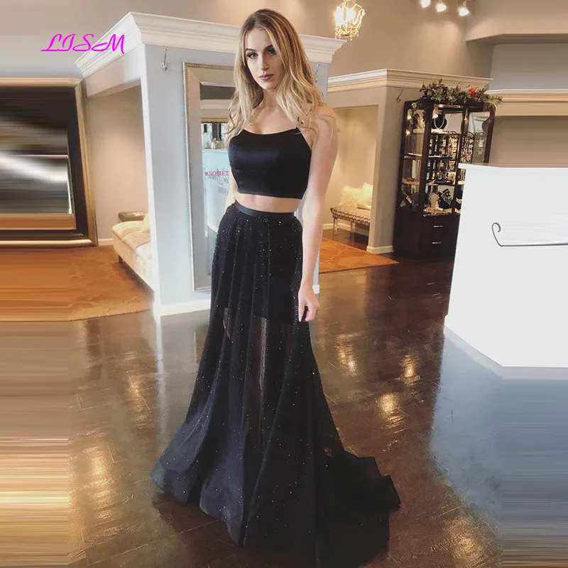 

Black Tulle Two Pieces Long Prom Dress Illusion Evening Party Dresses Elegant Sleeveless Prom Party Gowns