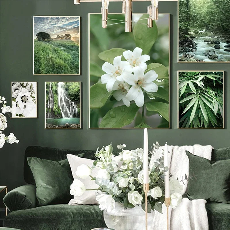 Green Forest Canvas Poster Wild ArtDeer Waterfall Stream Flower Leaf Spring Bedroom Print Painting Nature Landscape Picture