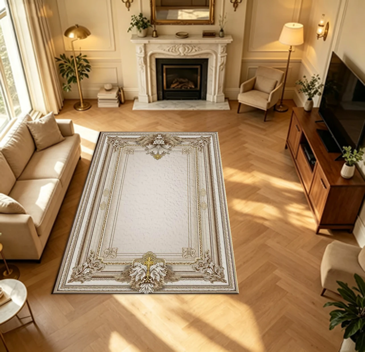Luxury Baroque Ornate Frame Carpet Flooring Beige Gold Embossed Floral Pattern Household Indoor Decor Area Rug