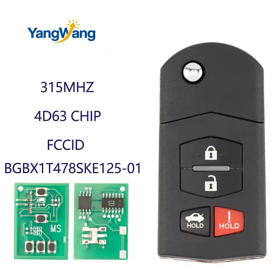 YangWang Flip Remote Car Key 315Mhz 4D63 Chip For Mazda 2 3 5 6 8 CX-7 CX-9 MX-5 BGBX1T478SKE125-01 CC43-67-5RYC Fob 3/4Buttons