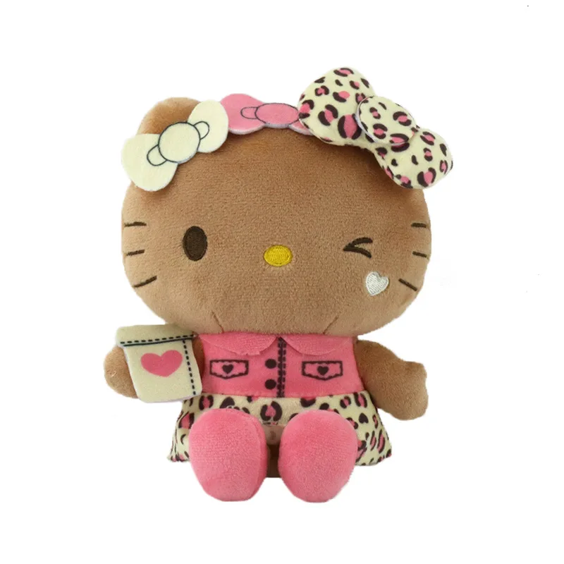 New Black Leather Leopard Print Kt Hello Kitty Plush Doll Cute Cat Keychain Backpack Pendant Soft Stuffed Doll Birthday Gift