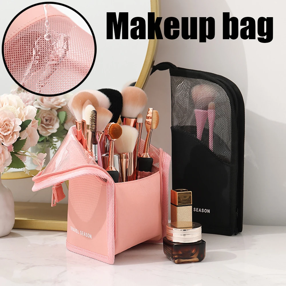 Travel Portable Waterproof Collapsible Stand up Visualization Multifunctional Black/Pink Makeup bag