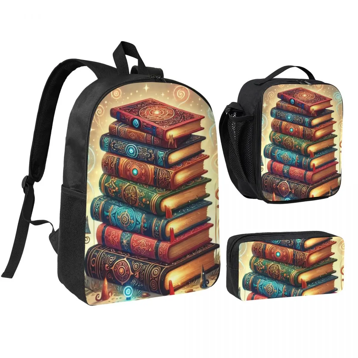 Ancient Book With Glowing Magic Spells Backpack Boys Girls BookBag School Bag Shoulder Bags 3ps Insulated Lunch Bag Pencil Case