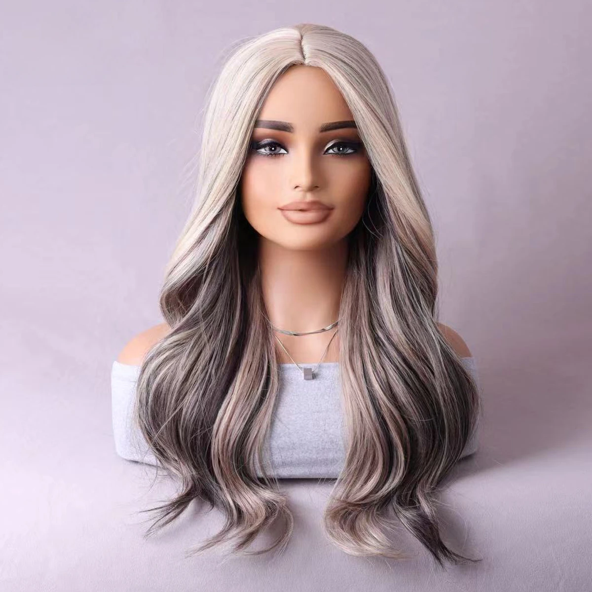 Long curly with 24 inch silver grey mixed women long curly wavy synthetic everyday party Wigs