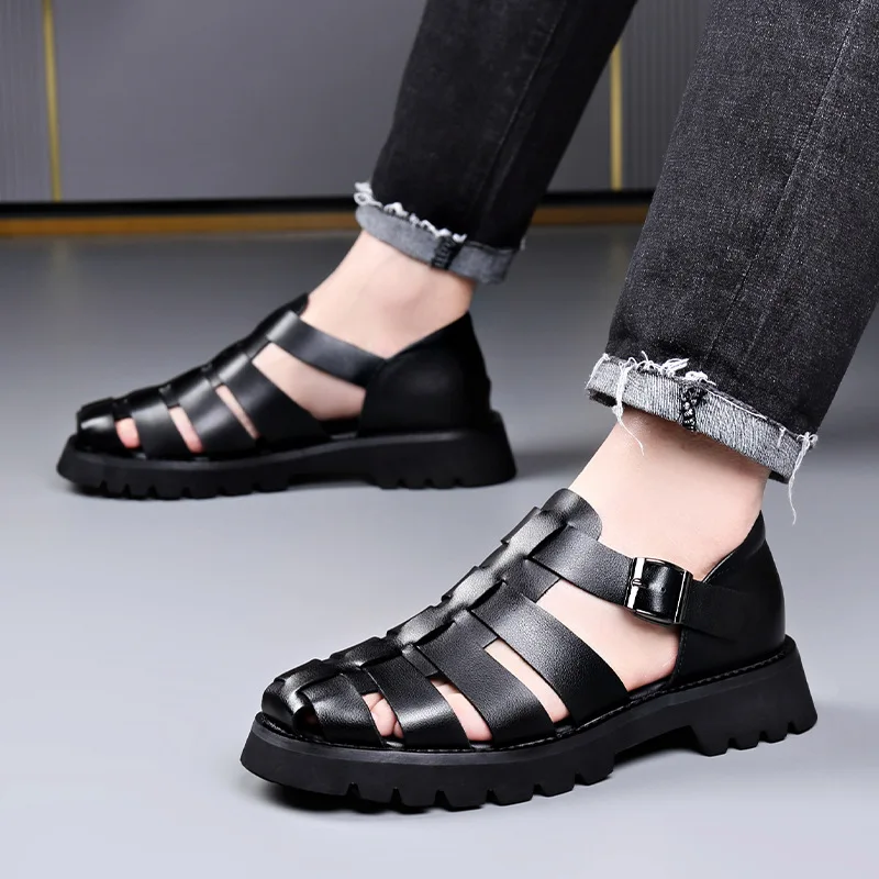

Men's Leather Sandals Fashion Buckle Comfort Footwear Hallow Out Roman Round Toe Thick Sole Platform Shoes Zapatillas Hombre