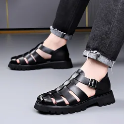 Men's Leather Sandals Fashion Buckle Comfort Footwear Hallow Out Roman Round Toe Thick Sole Platform Shoes Zapatillas Hombre