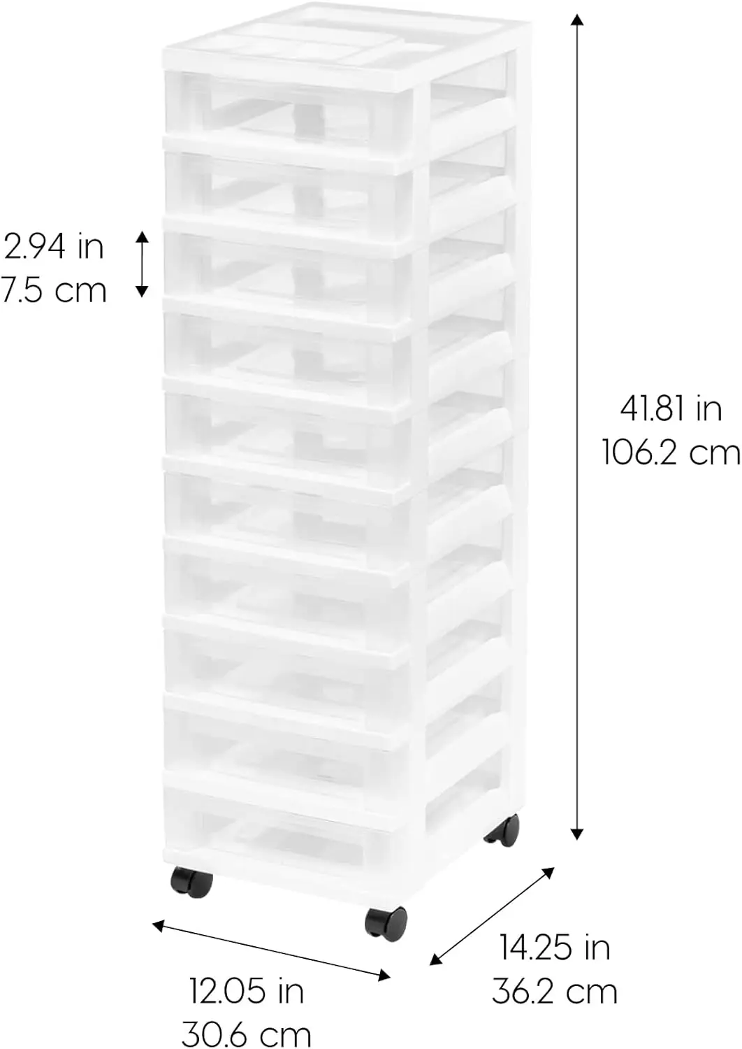 منظم أدراج بلاستيكية دوارة، عربة تخزين ذات 10 أدراج مع عجلات، أبيض/شفاف للفصول الدراسية والحمام والخزانة #3
