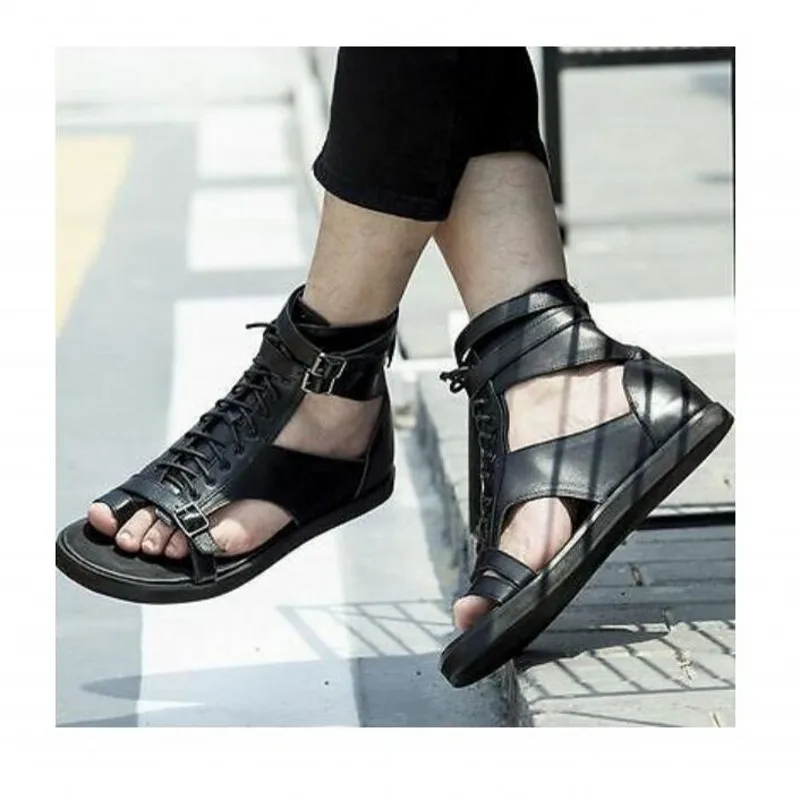 White Black Rome Gladiators Flat heel Cut out Bandage Ankle Sandals Men Summer Flip Flops