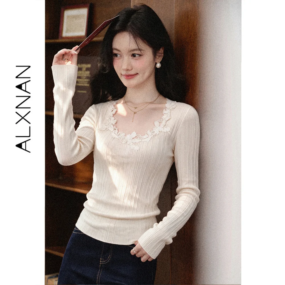 ALXNAN Women's Apricot Lace V-Neck Long Sleeve Knit Top Slimming Versatile Commuter Minimalist Autumn 2026 Clothing L680267A