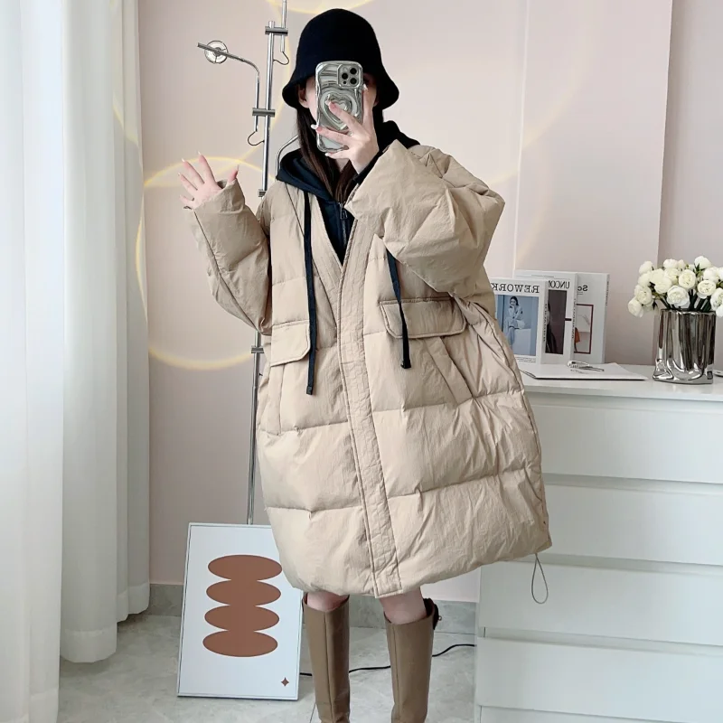 سترة نسائية متوسطة الطول مع غطاء للرأس، تصميم مكون من قطعتين، معطف دافئ سميك فضفاض لشتاء 2025، عصري