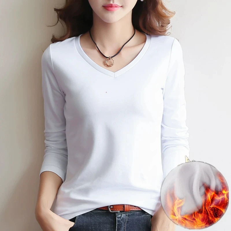 Women's Long Sleeve Fleece Lined Thickened Thermal T-shirt Pure Color Base Layer Shirt Stylish Design Warm Inner Wear