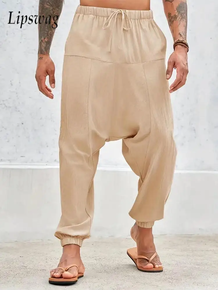 2025 Spring Fall New Casual Men's Pants Daily Leisure Breathable Loose Harren Trousers Men Vintage Solid Color Drawstring Pants