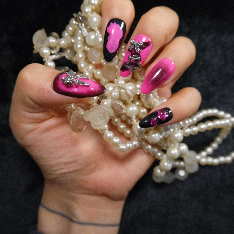 10PCS Sweet Goth Press on Nails Long Almond Pastel To Black Gradient with Bow Star Design Handmade False Nails for Women Girls