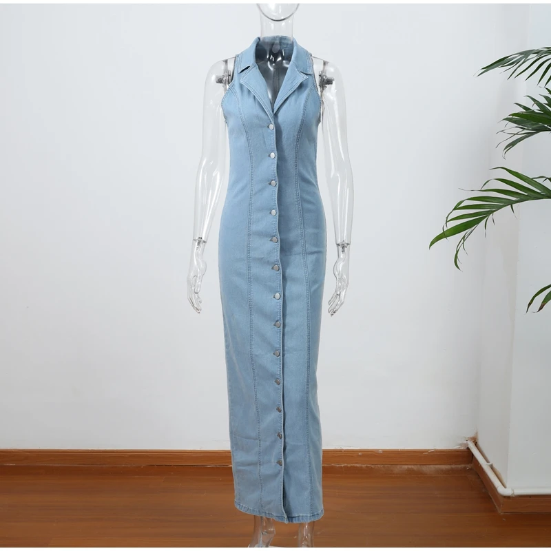 Abito lungo Jean da donna Colletto rovesciato senza maniche monopetto con spacco frontale 2025 Abiti casual femminili di moda estiva