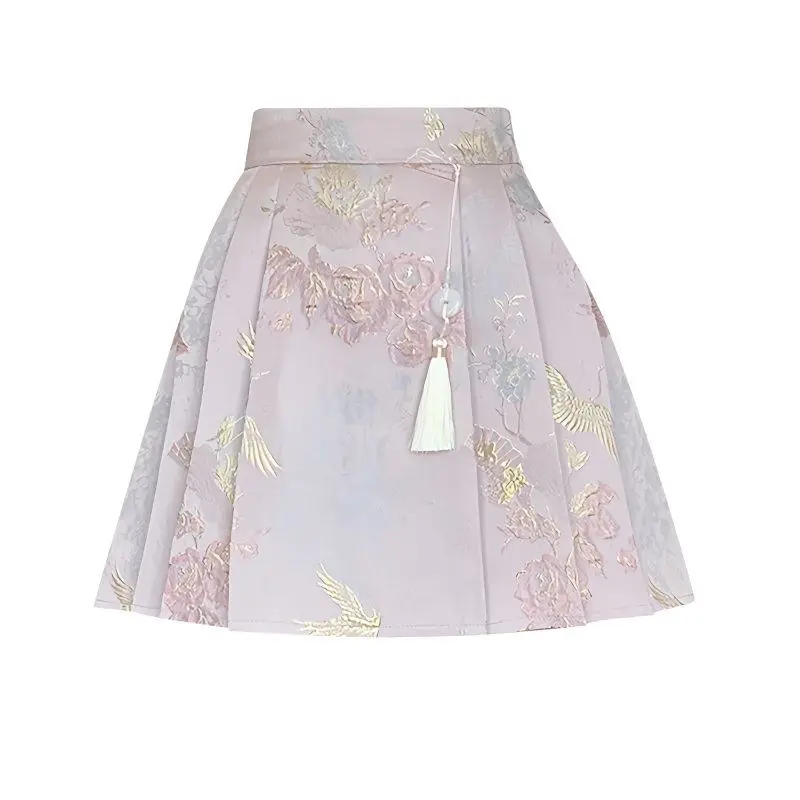 New Chinese Jacquard Embroidered Pleated Skirt Women Spring Summer 2025 New High-Waisted Slim A-Line Short Skirt
