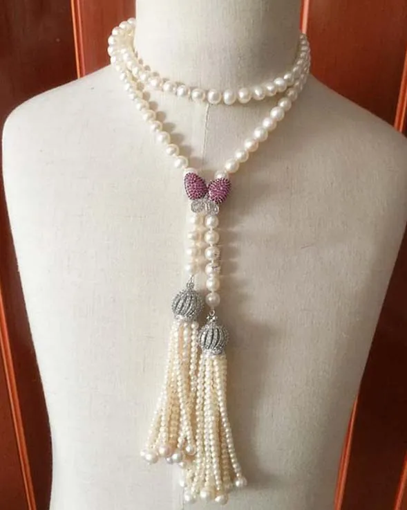 Freshwater pearls 8-9mm Hand knotted 925 silver inlaid zircon fringed butterfly buckle long necklace sweater chain