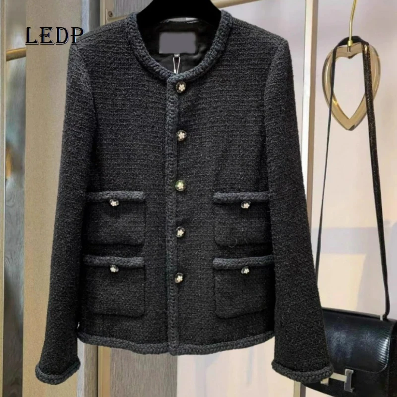 

Autumn Winter New Socialite Black Tweed Jacket French Temperament High-end Graceful Round Neck Single-breasted Woolen Coat Women