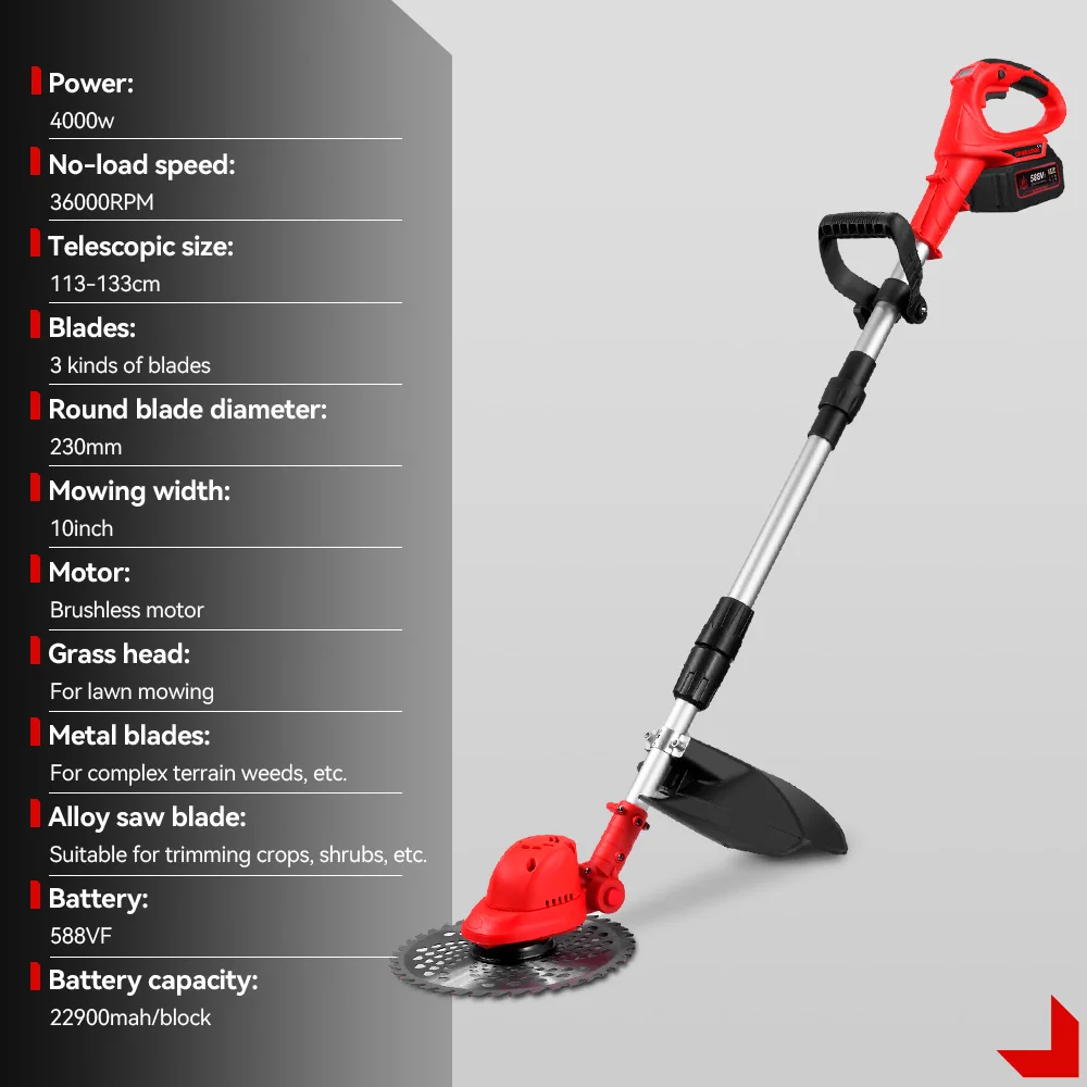 10Inch 4000W Brushless Electric Lawn Mower 36000RPM Cordless Grass Trimmer Length Adjustable Garden Tools For 21V 18V Battery