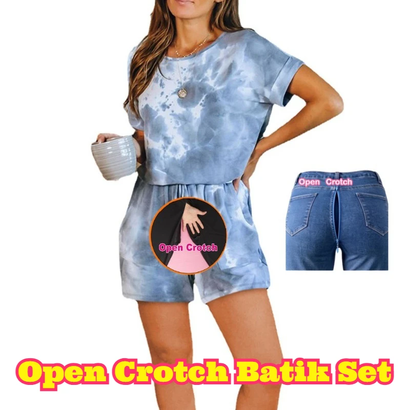 

Open Crotch Women Tie Dye Pajama Set Round Neck Loose Plus Size Soft Casual Loungewear Cozy Home Wear Comfortable Daily Relax