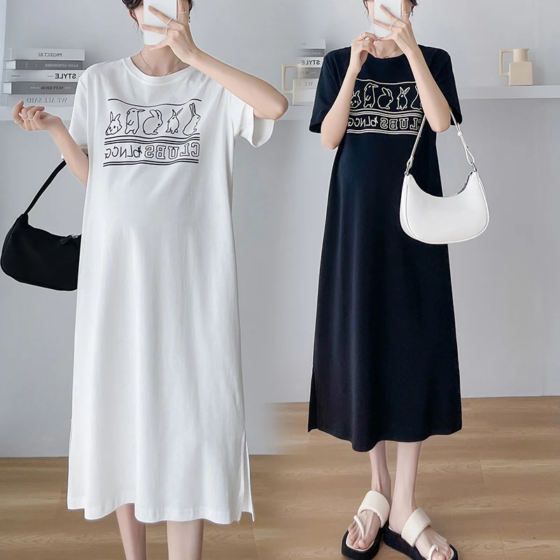 

Casual Maternity Dress For Pregnant Women Summer French Style Elegant O-neck Maternity Summer Loose T-shirt long Dresses