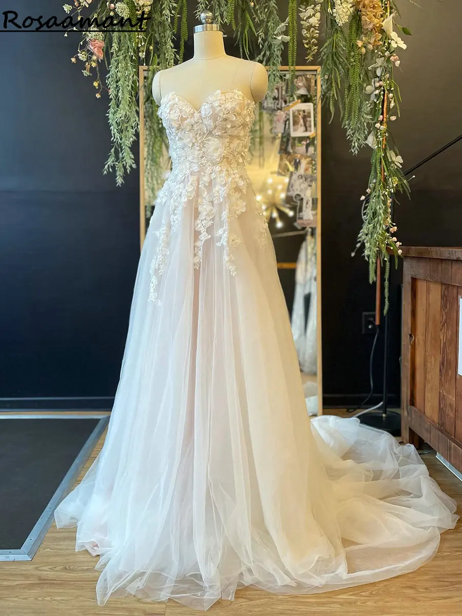 Vestidos de novia sin mangas de encaje con apliques de flores 3D, imagen Real, ilusión de línea A, vestidos de novia bohemios de campo