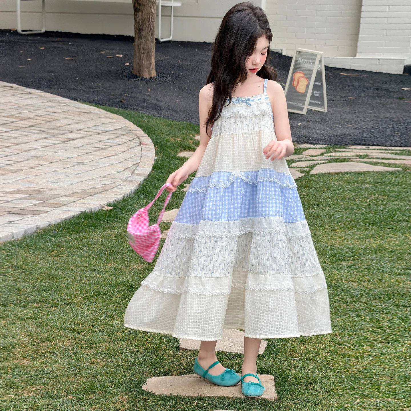 Little Girls Sweet Dress Tiered Cake Spaghetti Strap Maxi Dress Sleeveless Plaid Ruffle Spliced Beach Holiday Outfits for Kids