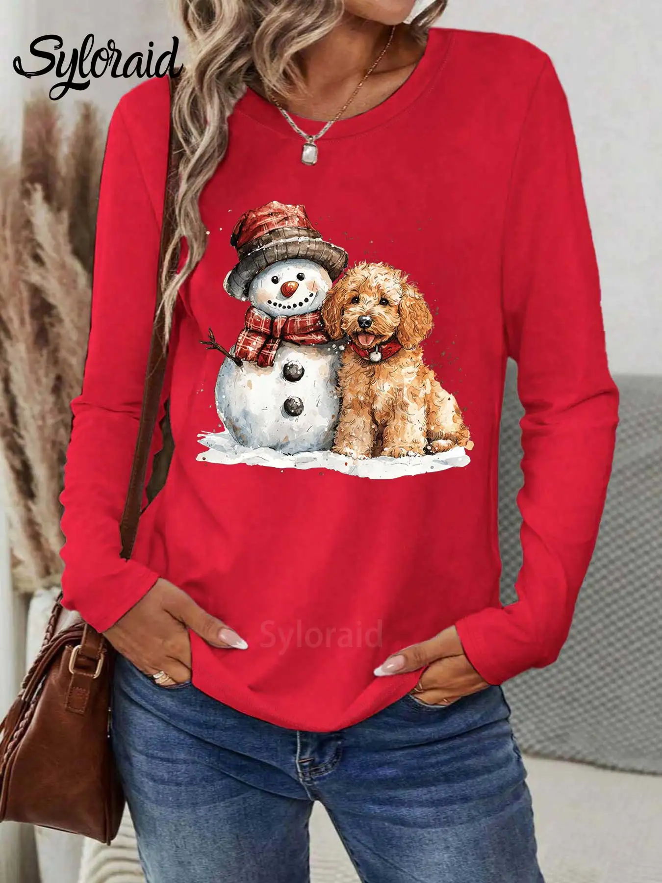 المرأة طويلة الأكمام تي شيرت عيد الميلاد Goldendoodle وثلج تي شيرت عيد الميلاد الكلب ShirtFashion جولة الرقبة عارضة أعلى #3