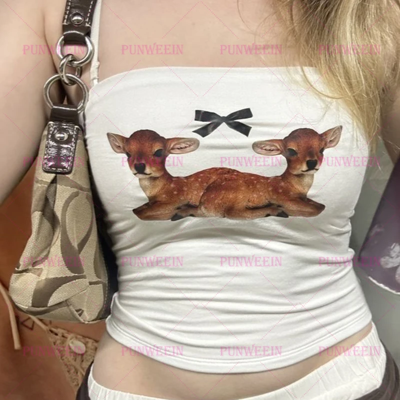 Vintage Street Cute fawn Printed 2000s Harajuku Streetwear Bow Vest Aesthetic Kawaii Summer Basic chic Casual Women y2k Fun tops