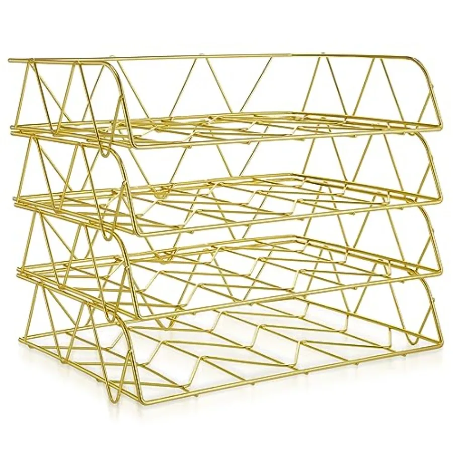4 Tier Stackable Gold Desk Organizer Paper Tray Rack Metal Letter Desk File Organizer Horizontal Holder File Trays for Office D
