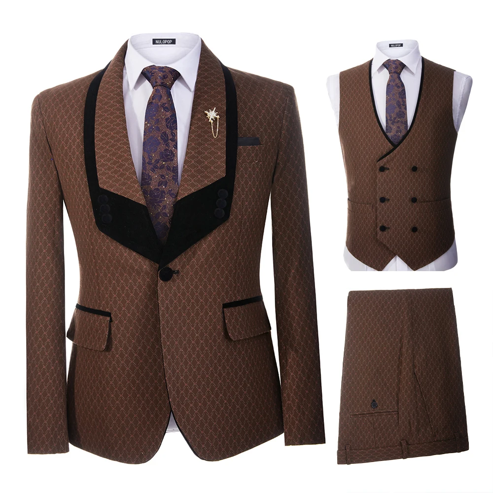 

2023 New Men's Casual Boutique Business Brown Linen Reto Classic Plaid Black Lapel Wedding Suits 3 Pcs Set Jacket Pants Vest