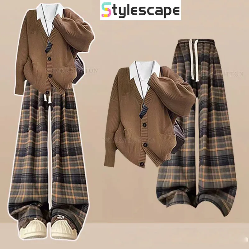 Large Size Autumn Retro Suit Women's Design Sense Layered Knit Cardigan Base Top Plaid Casual Pants Three Piece Set Pant Sets