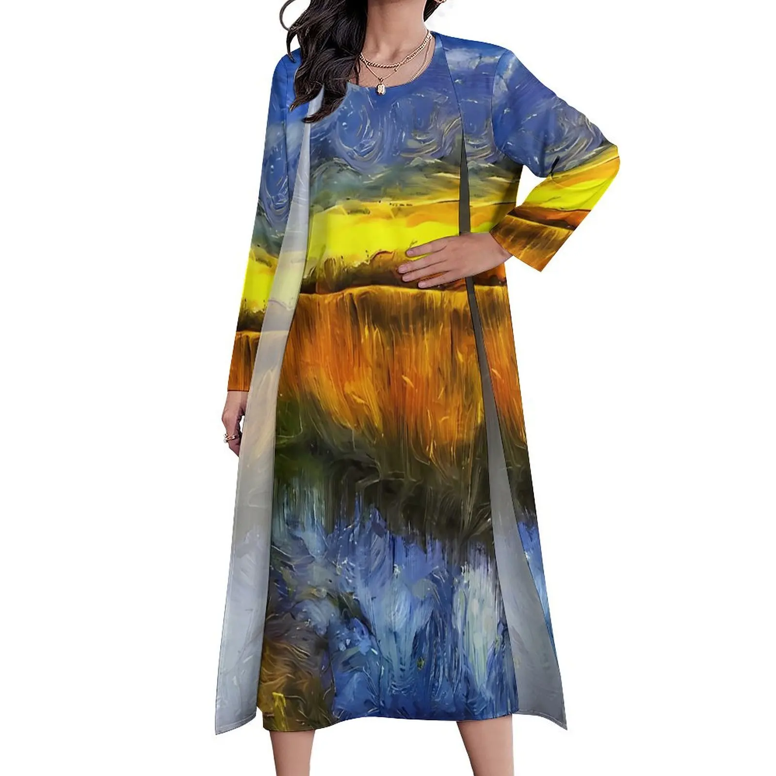 The Sunset River Van Gogh Dress Spring  Aesthetic Boho Beach Long Dresses Female Pattern Party Maxi Dress Big Size 5XL