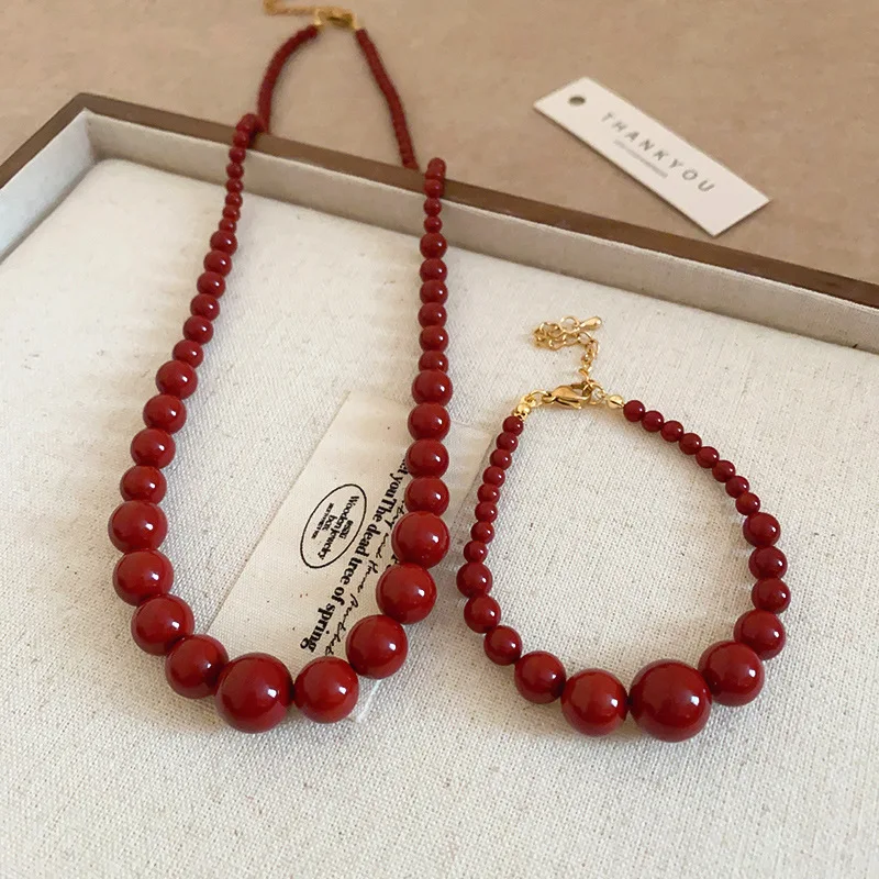 Minar INS Fashion Red Coloured Glaze Strand Beaded Necklace for Women Femme 18K Gold Plated Titanium Steel Sweater Chain Chokers