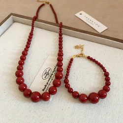 Minar INS Fashion Red Coloured Glaze Strand Beaded Necklace for Women Femme 18K Gold Plated Titanium Steel Sweater Chain Chokers