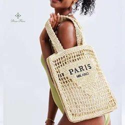 Sac en paille tissé à la main pour femme, sac à main évidé, fourre-tout décontracté, portable, grande capacité, mode de vacances à la plage, été