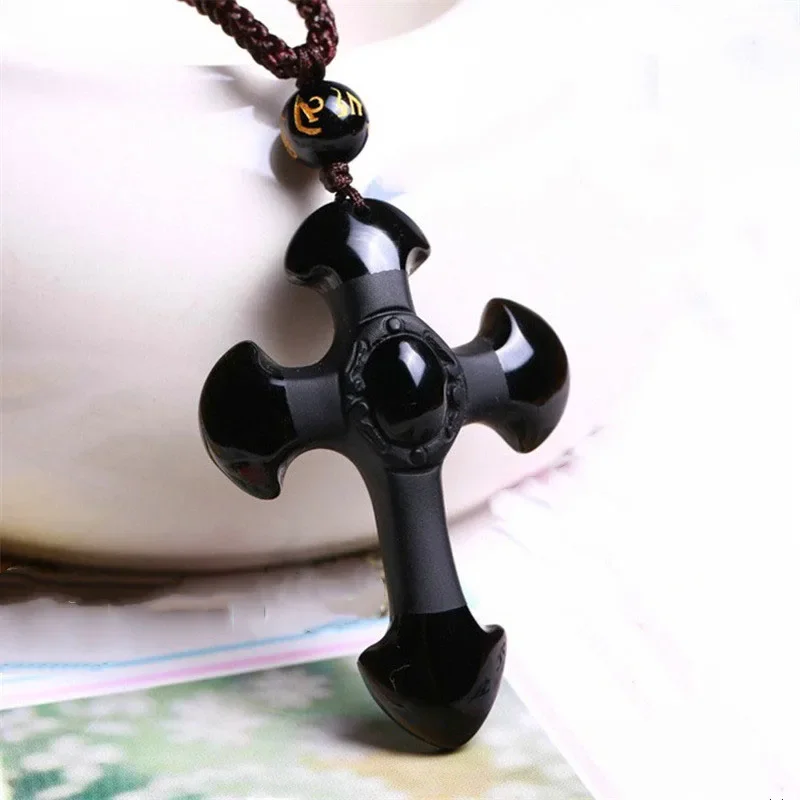 Natural Obsidian Frosted Pendant Jewelry  Fine  Jewelry Couple Obsidian Cross Necklace Jade Pendant Jewelry