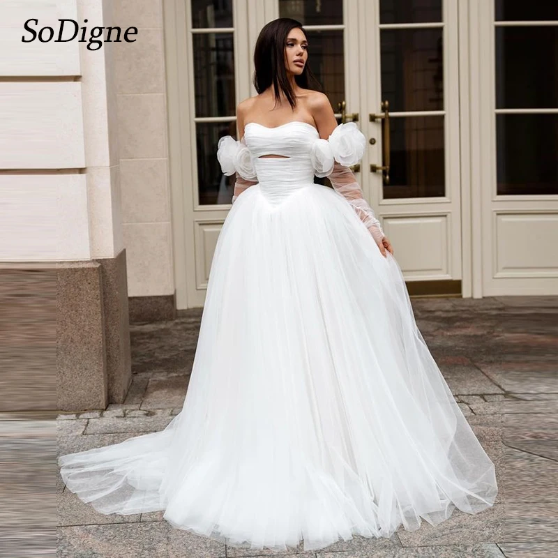 

SoDigne A-line Tulle Wedding Dresses Sweetheart Detachable Sleeves Bridal Dress Lace Up Long Boho Wedding Gown Robe De Mairee ﻿