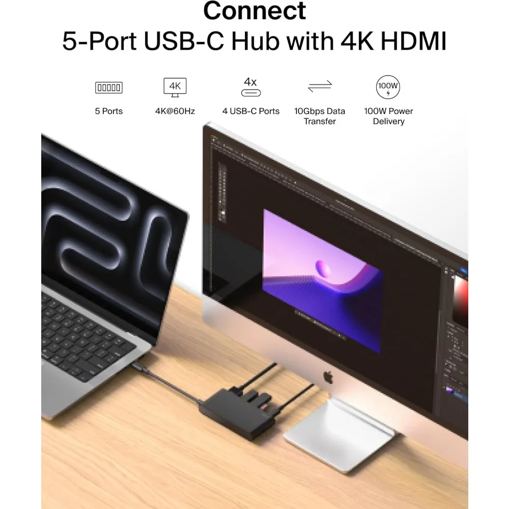 Hub USB C de 5 puertos con 4K HDMI, 100 W PD, transferencia de datos de 10 Gbps para MacBook, iPad Pro y más