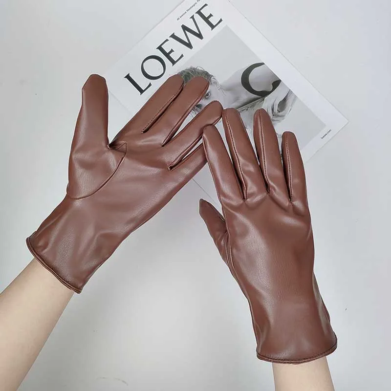 Winter Female Solid Sport Cycling Windproof Mitten Women PU Leather Plus Plush Thick Velvet Warm Driving Waterproof Glove O86