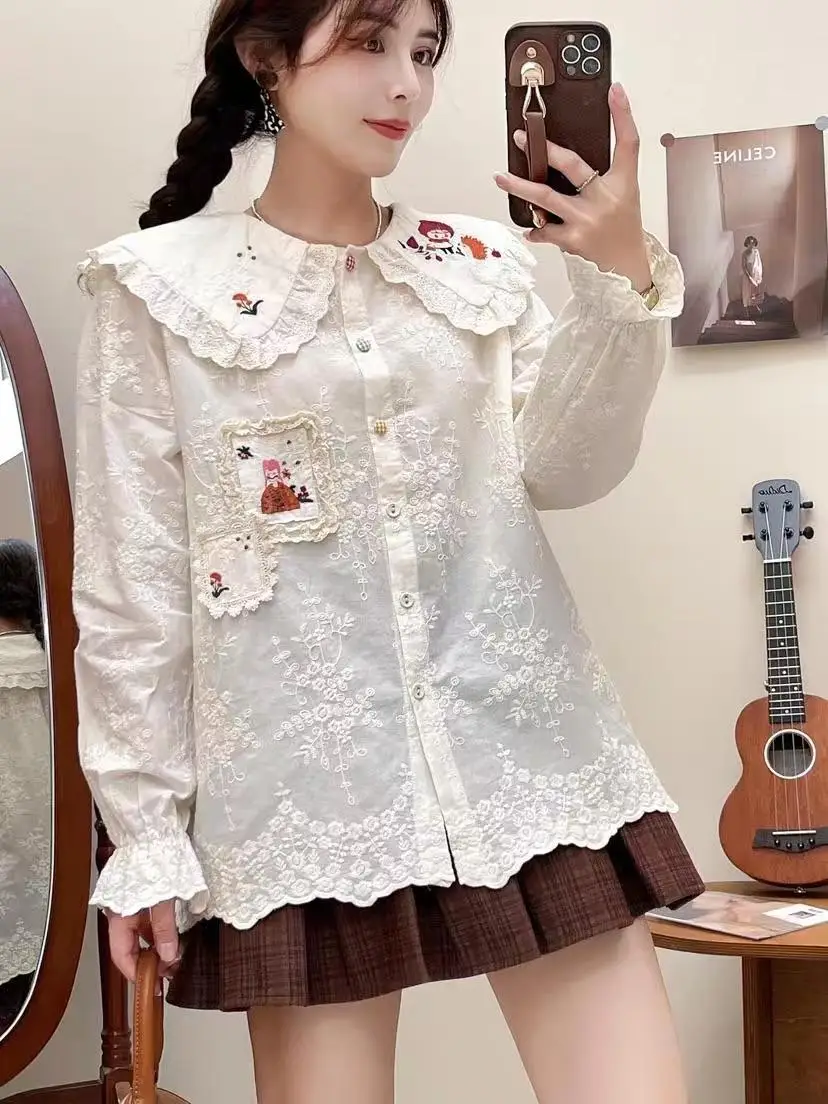 Sweet Mori Girl Cartoon Embroidered Shirt Female Peter Pan Collar Blouse Women Japan Style Autumn Cotton Long Sleeve Shirts