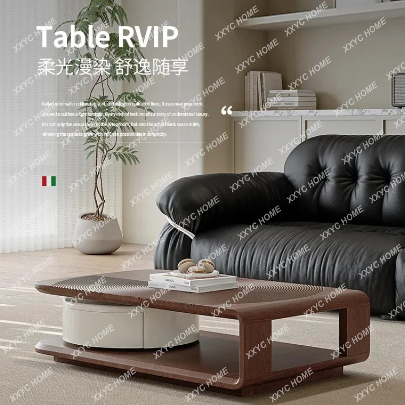 XXSimple modern rotatable coffee table living room drawer storage  natural walnut leather