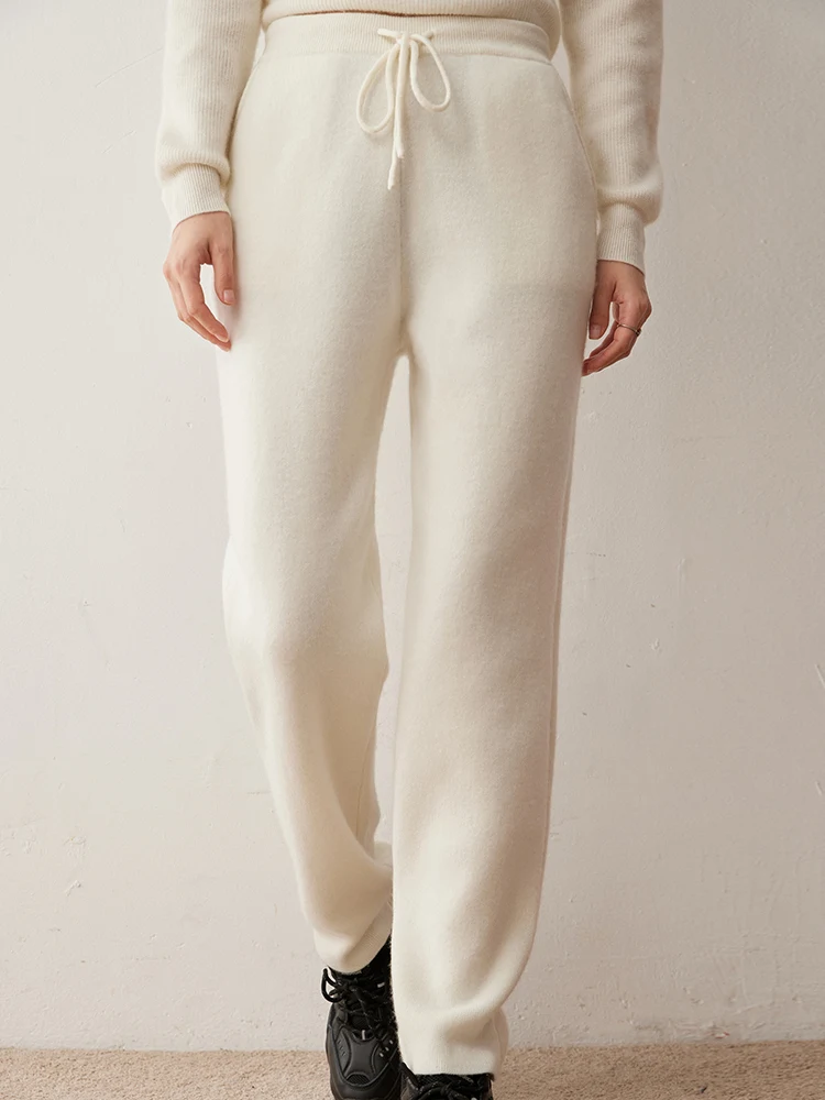 

Casual Pencil Pants Women Pants 100% Cashmere Knit Autumn Winter Basic Warm Lace Up Elastic Waist Trousers Simple Style Pocket